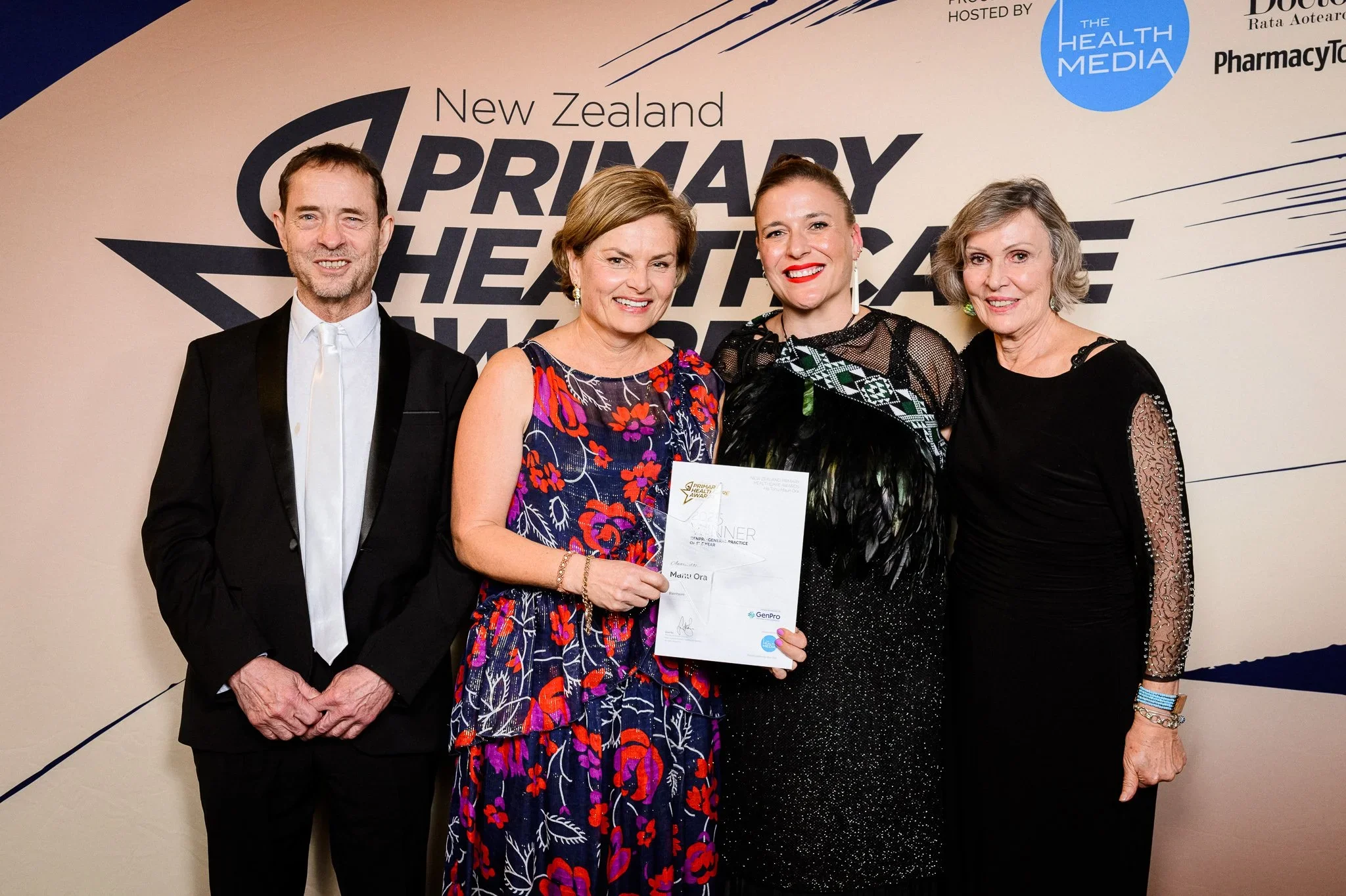 Manu Ora win GP Practice of the Year. From left: Dr Angus Chambers (Chair, GenPro), Dr Rachel Inder, Dr Sara Simmons and Anne Hobby (Tumuaki, TPO).