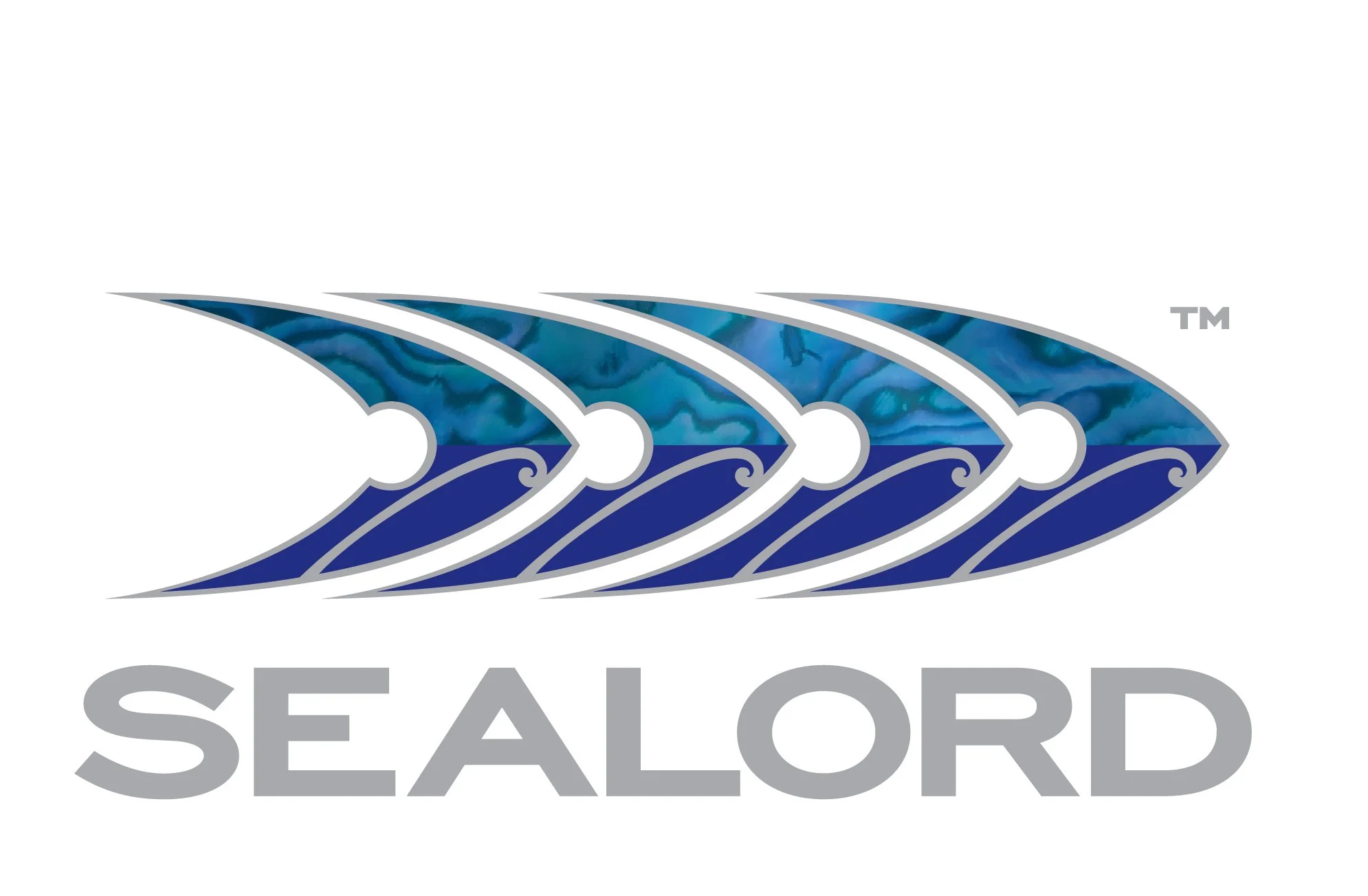 Logo for Sealord featuring five stylized blue and teal marlin fins above the word SEALORD in gray capital letters.