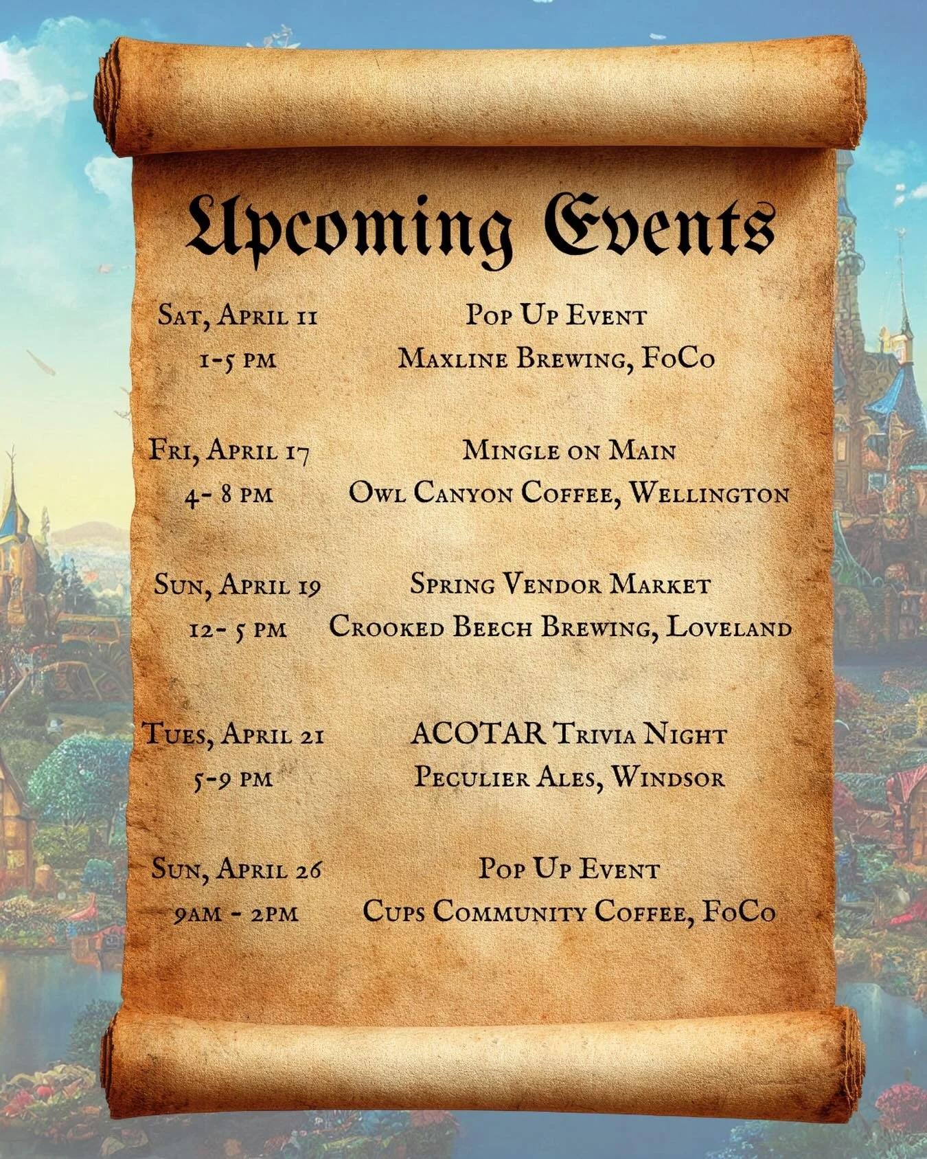 🙌🏼 So many upcoming events and ALL OVER NoCo! You can find us in Fort Collins, Loveland, Wellington and Windsor this month!

🔮 Come pop by our pop-up event at Maxline Brewing in FoCo
🌼Wander around Wellington&rsquo;s &ldquo;Mingle on Main&rdquo; 