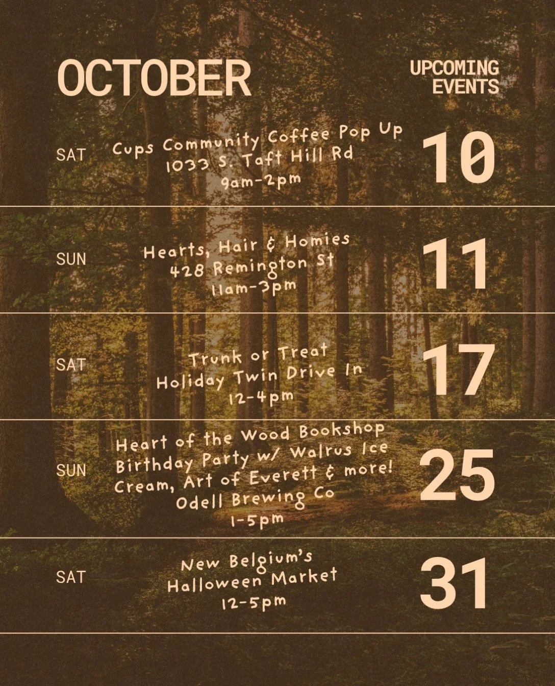 ✨We have events every weekend this month and thank goodness because we are bursting at the seams with great books! 

Here is where we will be:

☕️ Sat, Oct 10: Pop-up @ @cupstafthill from 9-2

💇Sun, Oct 11: Hearts, Hair and Homies community event @ 