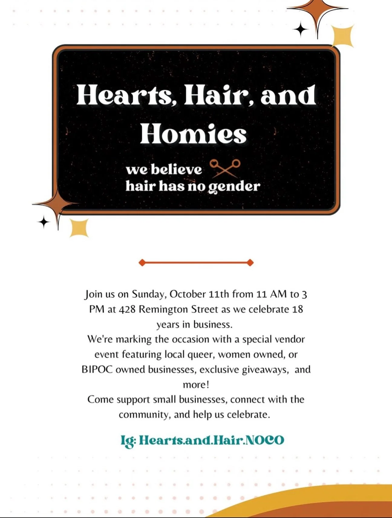 🎉 Come help us celebrate where it all began! 

🫶 Hearts &amp; Hair Salon was our first supporter and we had our grand opening at their name change event last year. 

🔮 This Sunday (Oct 11) from 11-3 come visit and support local queer, women owned 