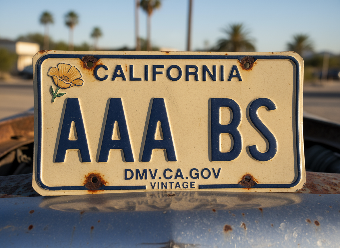 Vintage California license plate with the word 'AAA BS' and a yellow flower in the top left corner, attached to a rusty surface with palm trees in the background.