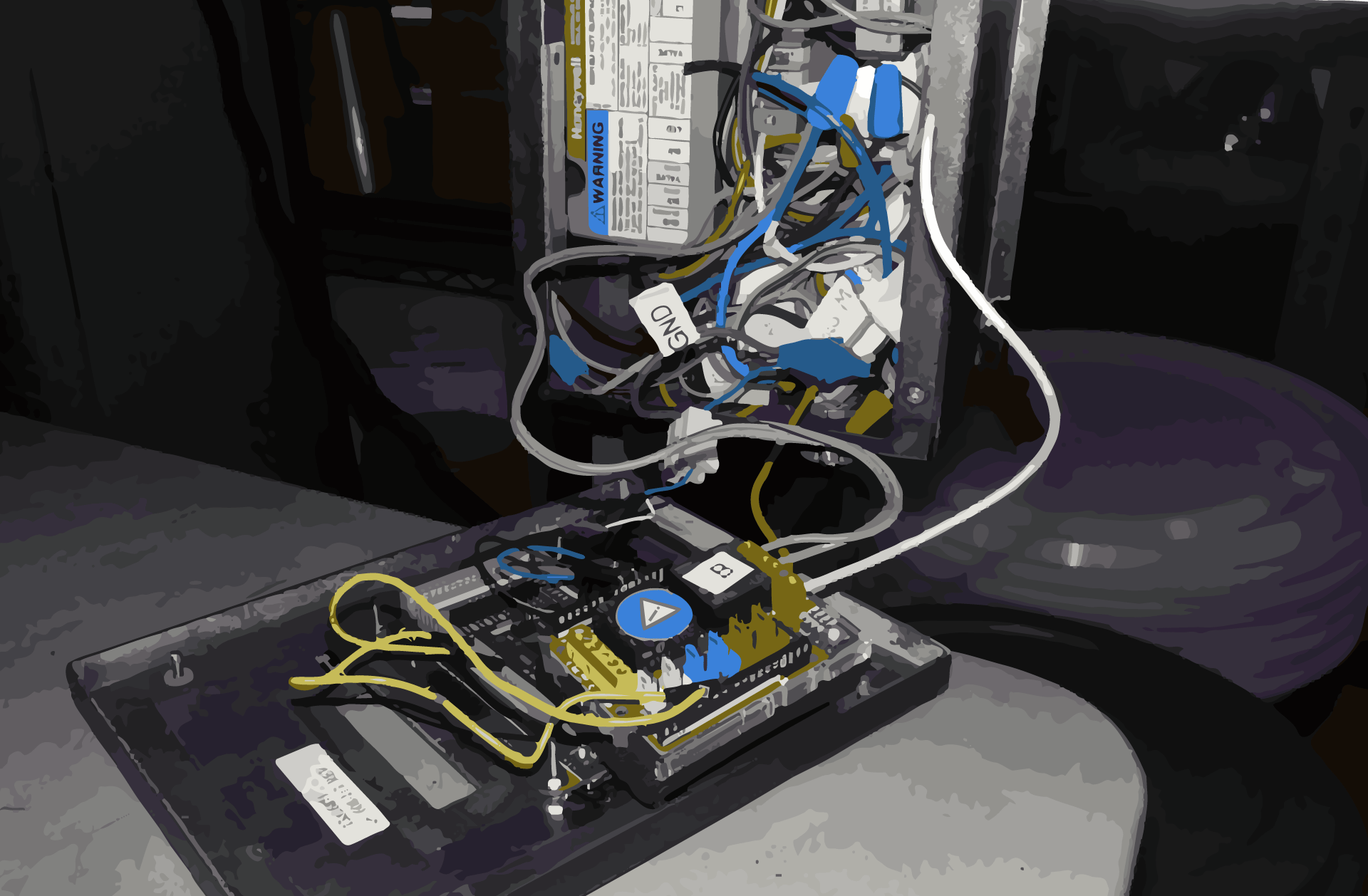 Poster advertising Build Shift audio repair services featuring a stylized image of a robot with vintage stereo components, bottles, and lightning bolts, highlighting amp, pedal, and control repairs, diagnostics, fast turnaround, and gig-ready repairs.