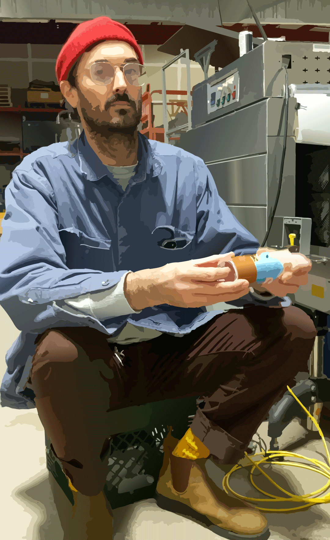 A man sitting in an industrial or workshop setting, holding a metal object with heat-resistant gloves, wearing a red beanie, sunglasses, a blue work shirt, brown pants, and yellow boots, with electrical cords and machinery in the background.