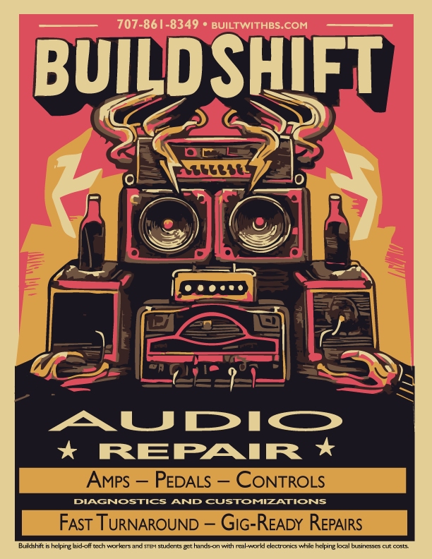 Poster advertising Build Shift audio repair services featuring a stylized image of a robot with vintage stereo components, bottles, and lightning bolts, highlighting amp, pedal, and control repairs, diagnostics, fast turnaround, and gig-ready repairs.