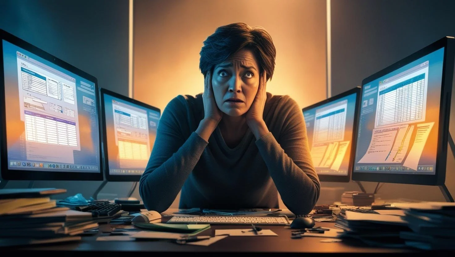 woman burnout multiple computer monitors