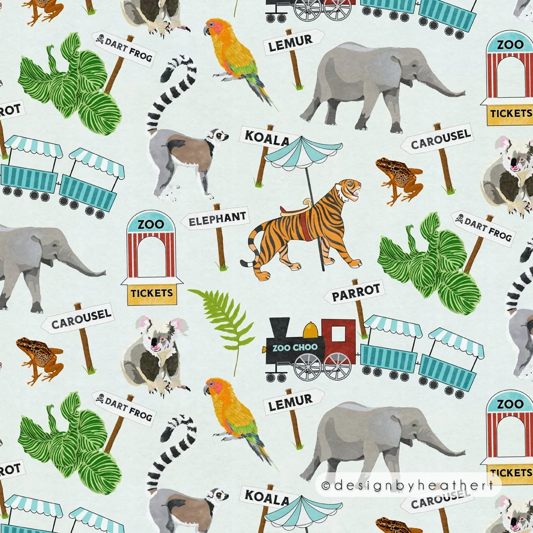 Zoo animals - lemur, tiger, elephant, dart frog, koala, and parrot mixed with directional animal signs, a cute zoo train, and the ticket booth.