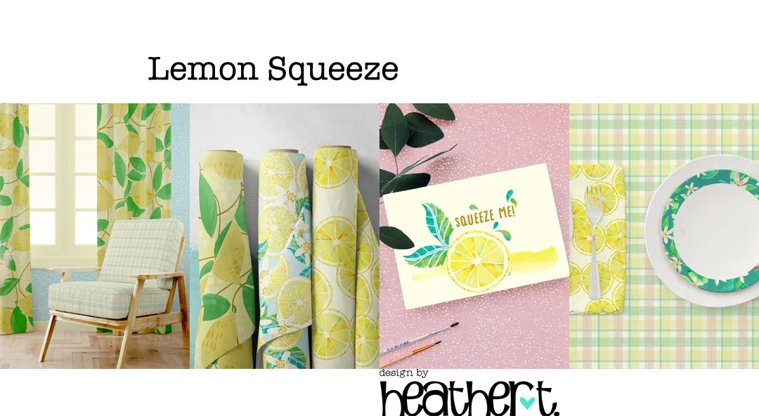 Various mock-ups of the Lemon Squeeze collection by Design by Heather T. This collage of four images shows a variety of patterns and lemons handpainted for this collection.