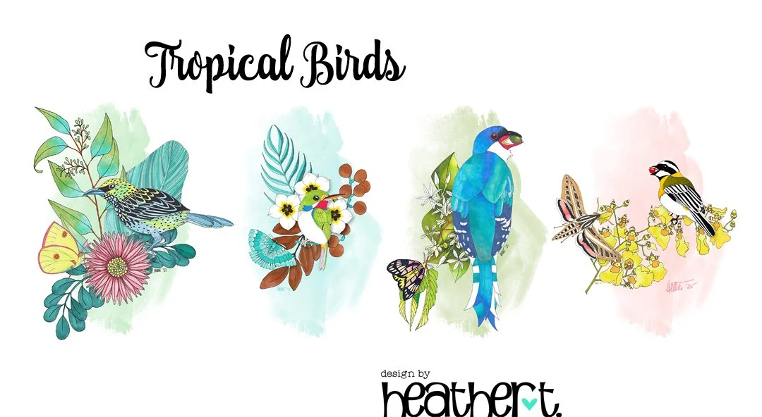 4 collaged & brightly-colored vignettes of Cuban & Puerto Rican birds and butterflies and flora.