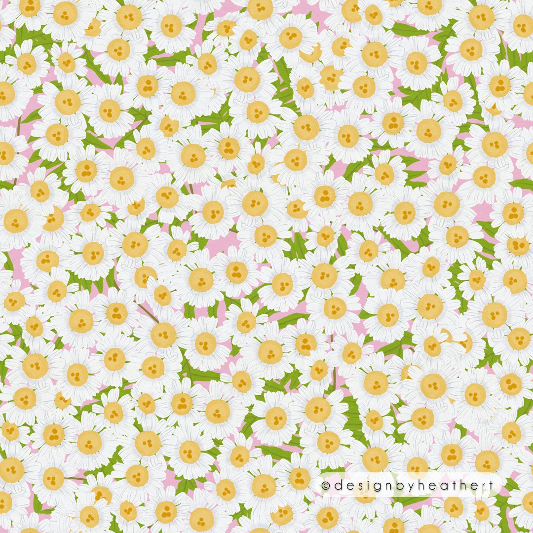Scattered chamomile flower illustrations scattered against a pink background.