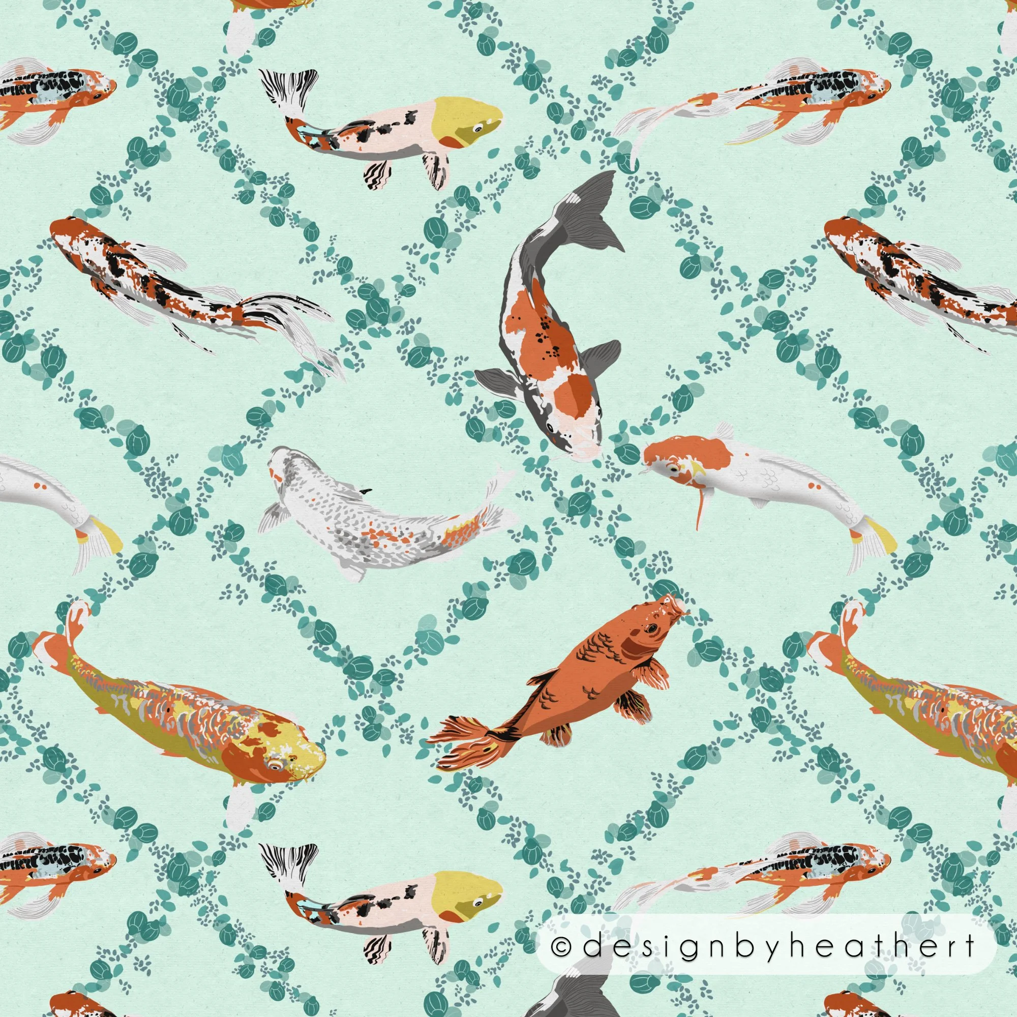 "Diamond Koi" Koi wandering around, in, and over little diamonds composed of various duckweed and other pond vegetation.