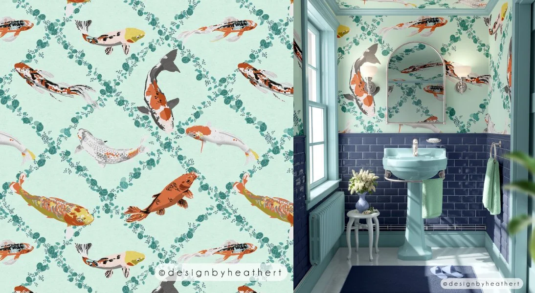 A pattern of diamonds shaped by duckweed-style leaves, with wandering koi, one per diamond. Next to the pattern is a mock-up image of what the pattern would look like as wallpaper inside a bathroom.