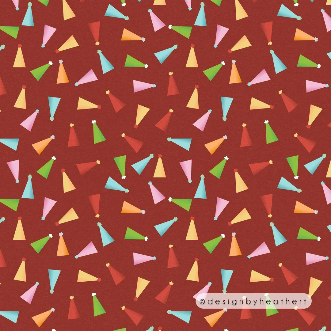 Party hats scattered across an oxblood background.