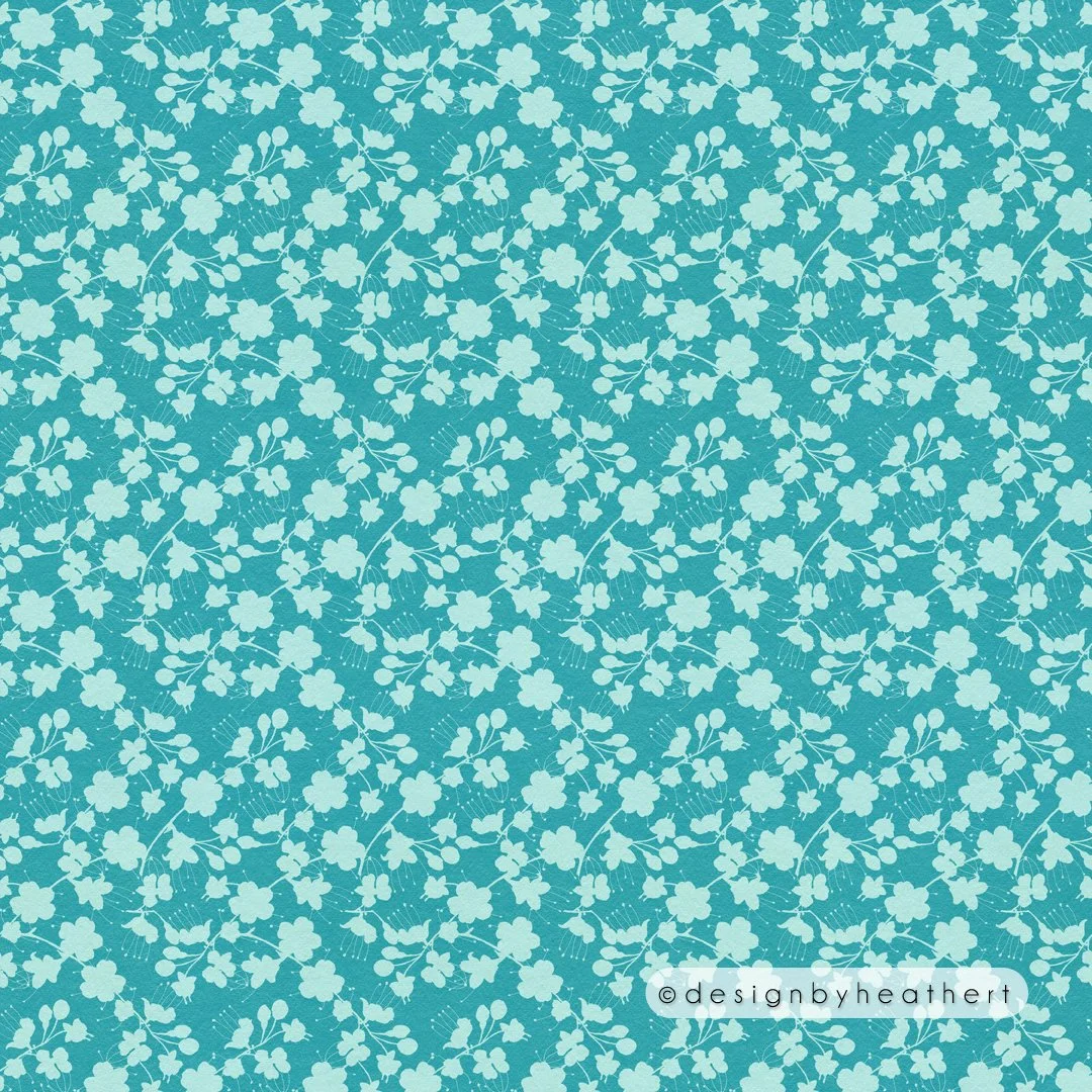 Silhouette leaves and flowers in pale teal against a deep teal background.