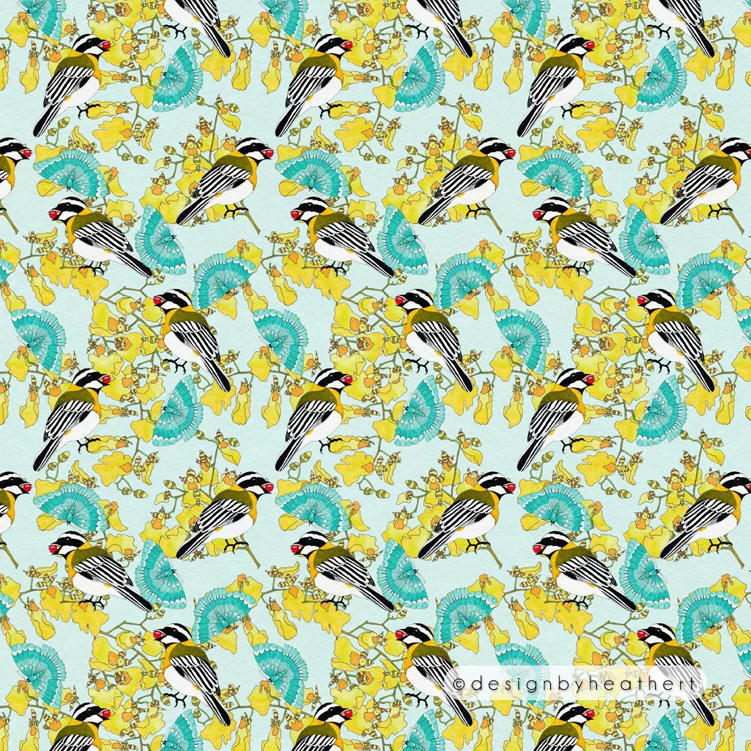 Little golden caped sparrow look-alikes on yellow orchids with teal butterflies.