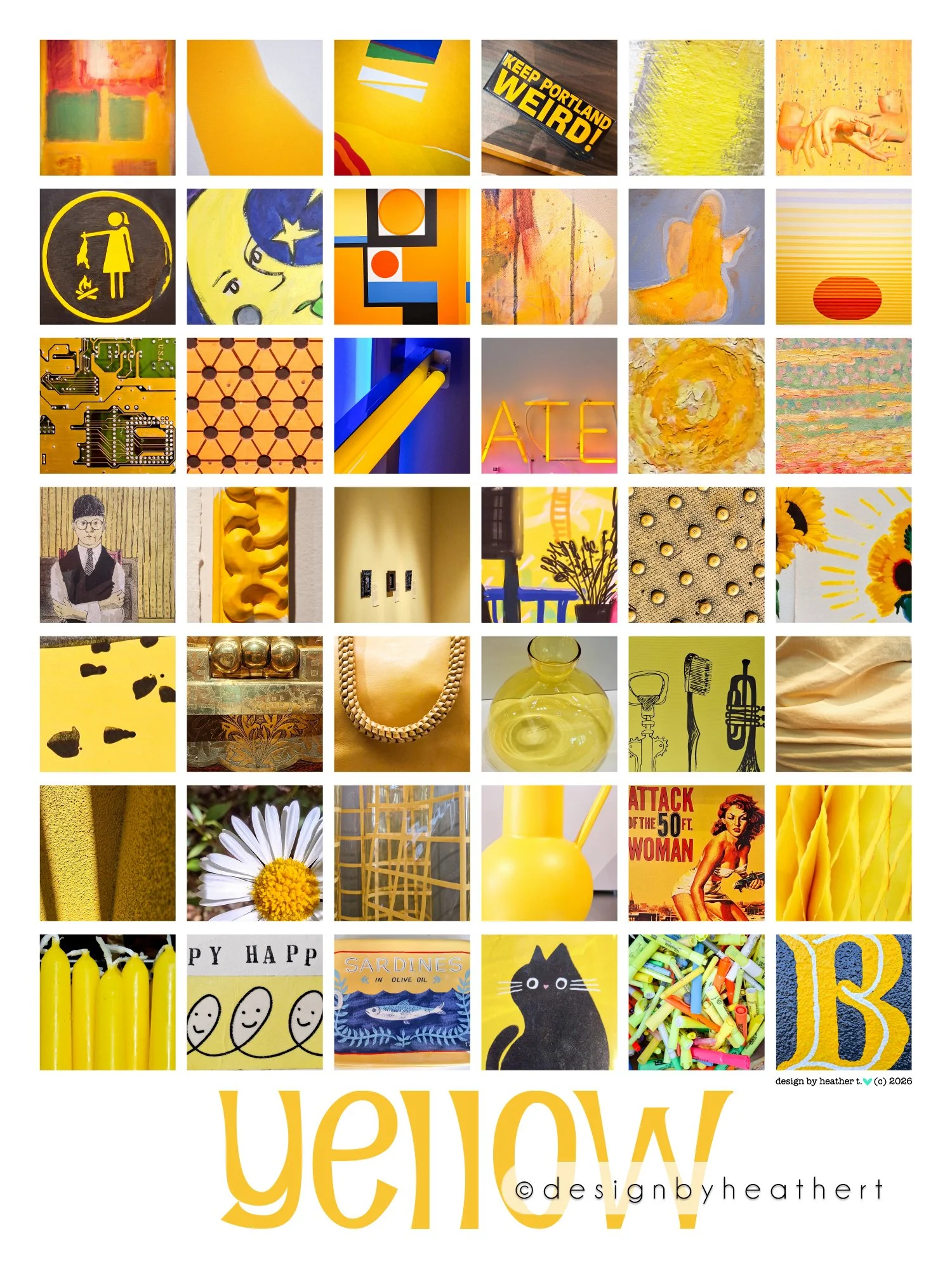 A grid featuring images containing yellow, such as paint strokes from canvasses, yellow illustration details, and street details such as a yellow wall or the strap of a yellow handbag. The grid is labeled beneath as Yellow, in yellow type.
