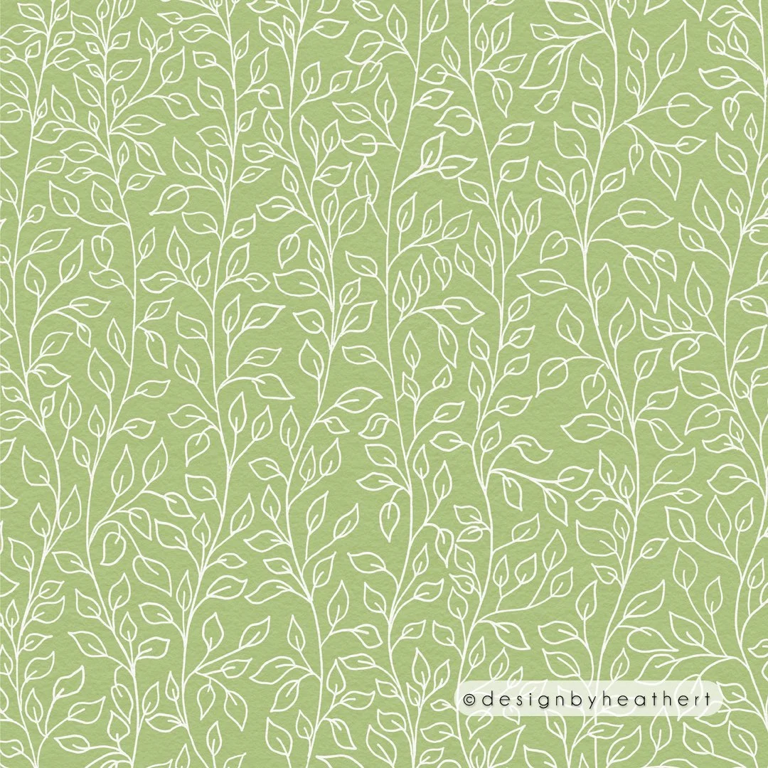 Cream traced stalks of greenery drawn against a light green background.
