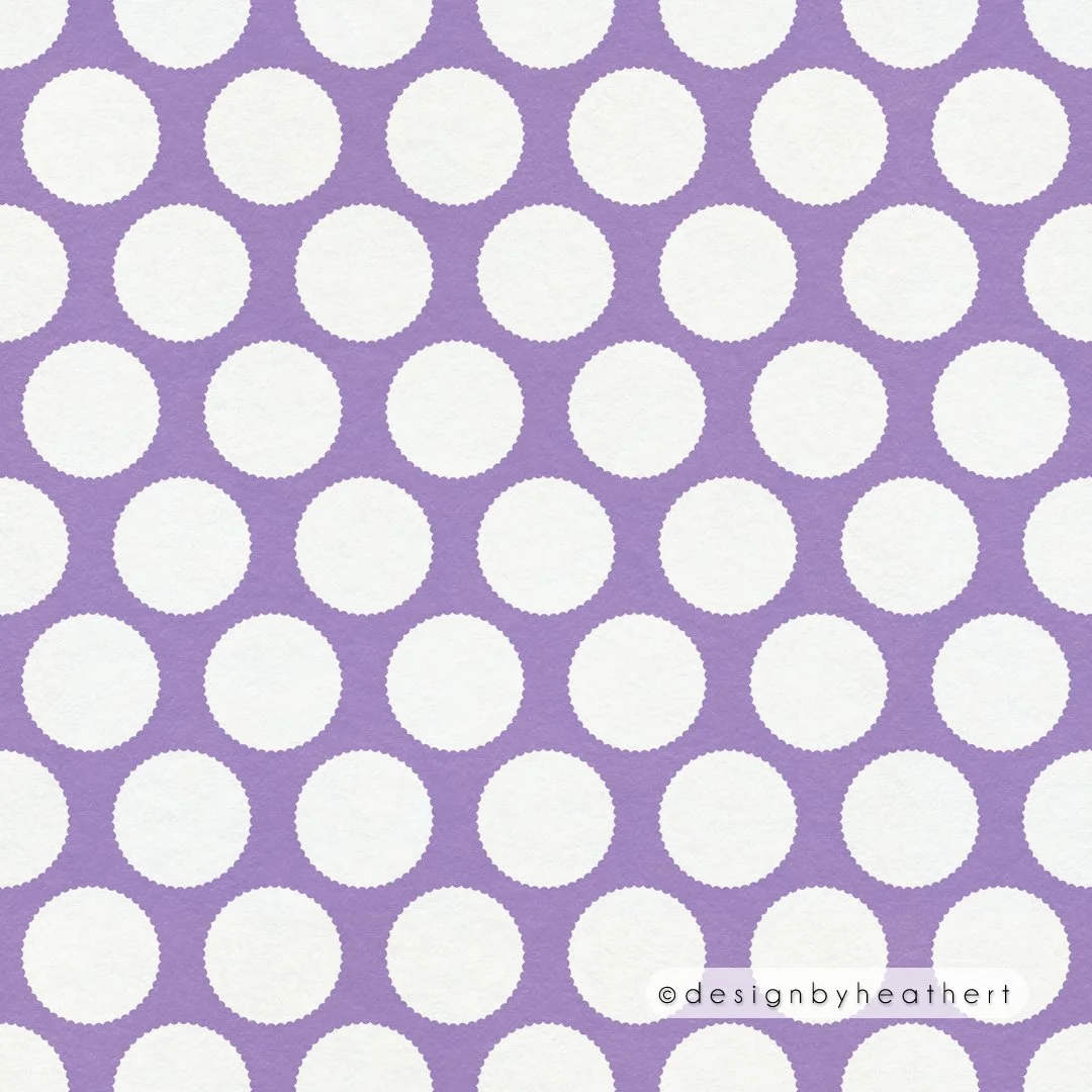 Huge polka dots with spiky gear edges against a light purple background.