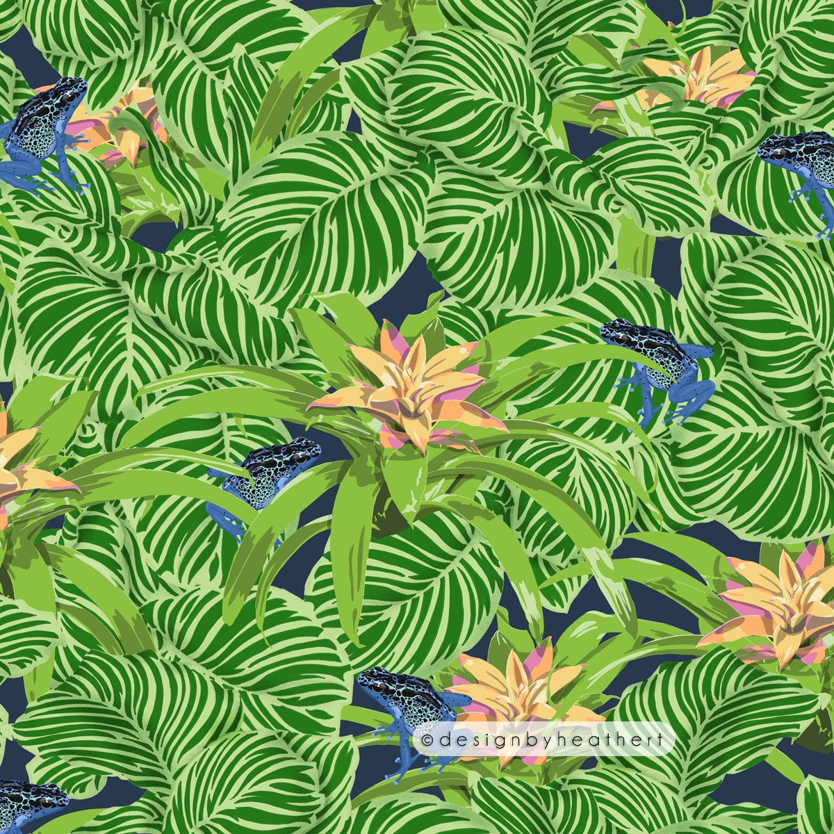 Tropical bromeliads and dart frogs in greens and blues, with some yellow/pink flower structures too.