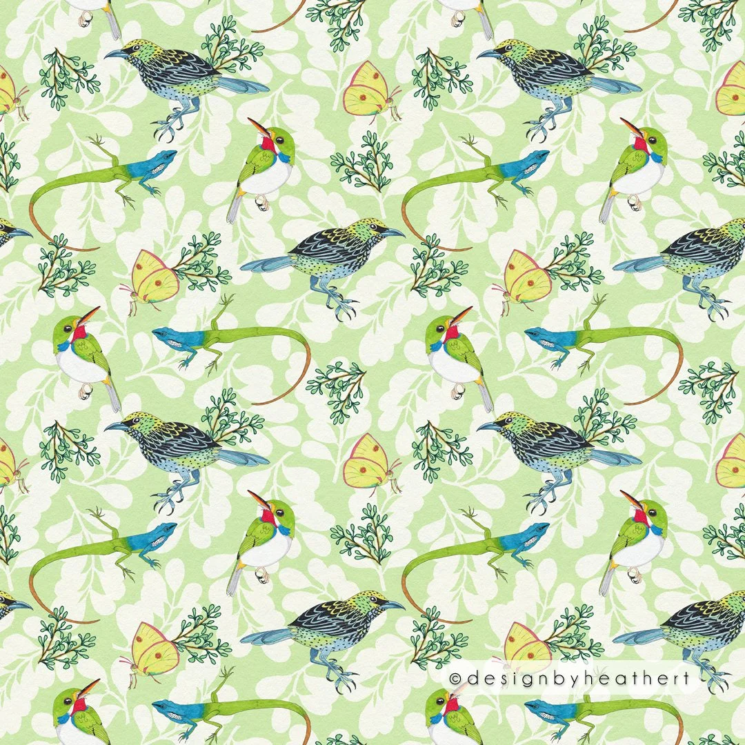 Indistinct pale leaves on a pale green background covered with scattered bright blue and green lizards, some foliage, yellow butterflies, and green birds.