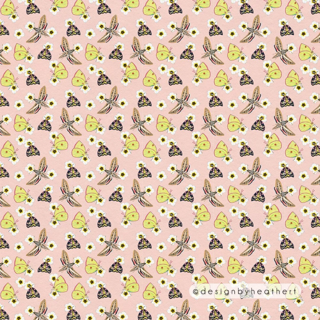 A scatter of butterfly moths against a pale pink background with cream and golden flowers.