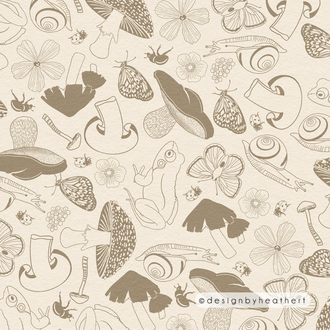 A non-directional toss of various mushrooms and flowers and animals in a duotone of mid-brownish gray against cream. 