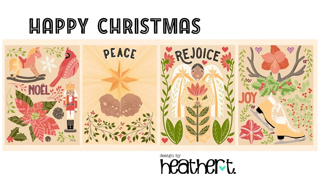 4 christmas-themed folk art style card-size drawings. They all feature different symbols, and are titled "Noel," "Peace," "Rejoice," and "Joy."