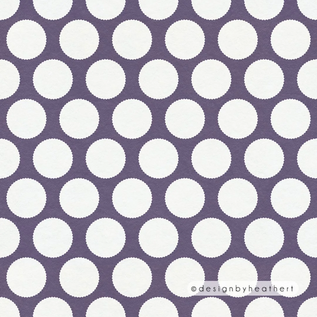Huge polka dots with spiky gear edges against a dark purple background.