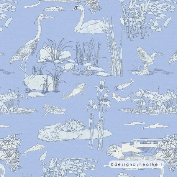 A Toile de Jouy type water garden design with various pond vignettes
