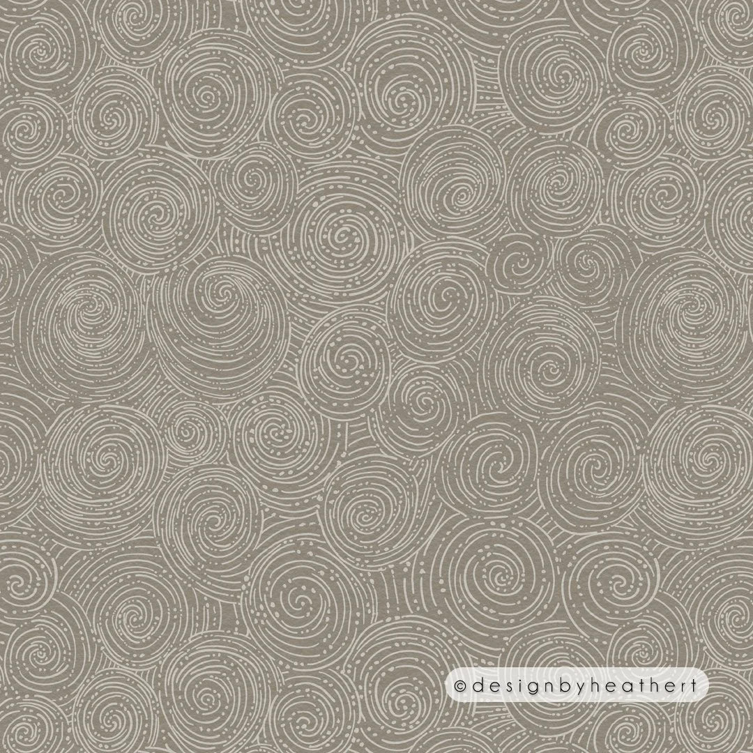 Dotty dashed spirals on a brown-gray background.