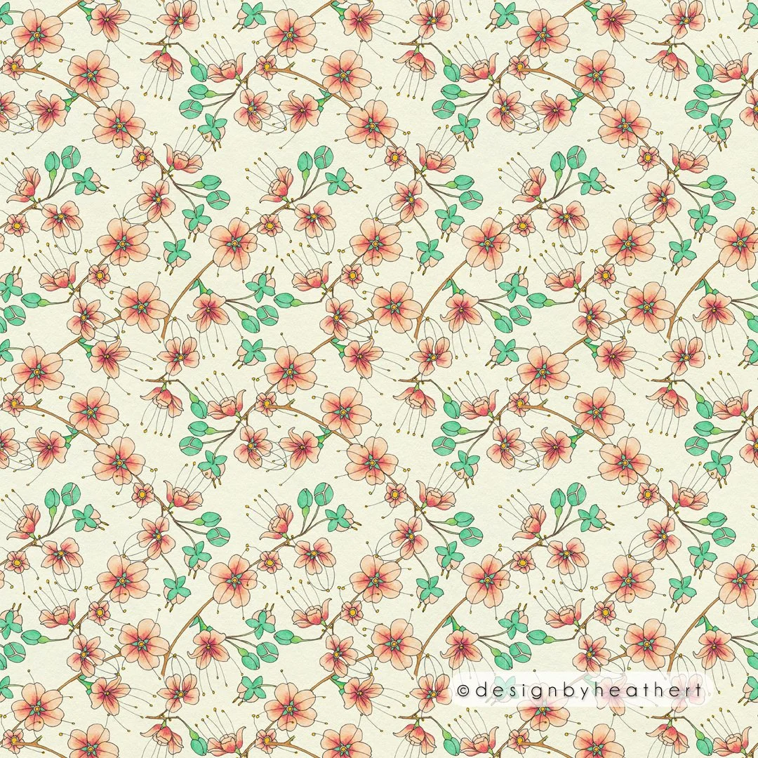 A sweet little floral with pink flowers and green-leaved branches against a cream background.