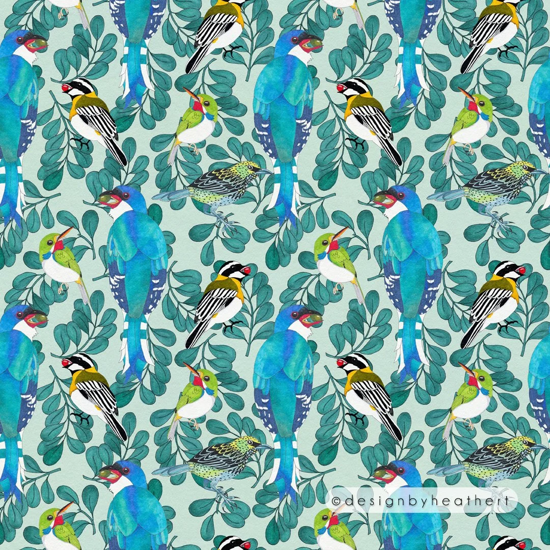 Blue feathered bird eating a green berry, and gray and white striped bird with a golden collar eating a red berry. There are also two more birds, an inquisitive-looking humming bird and a green bird that has wings like a starling.