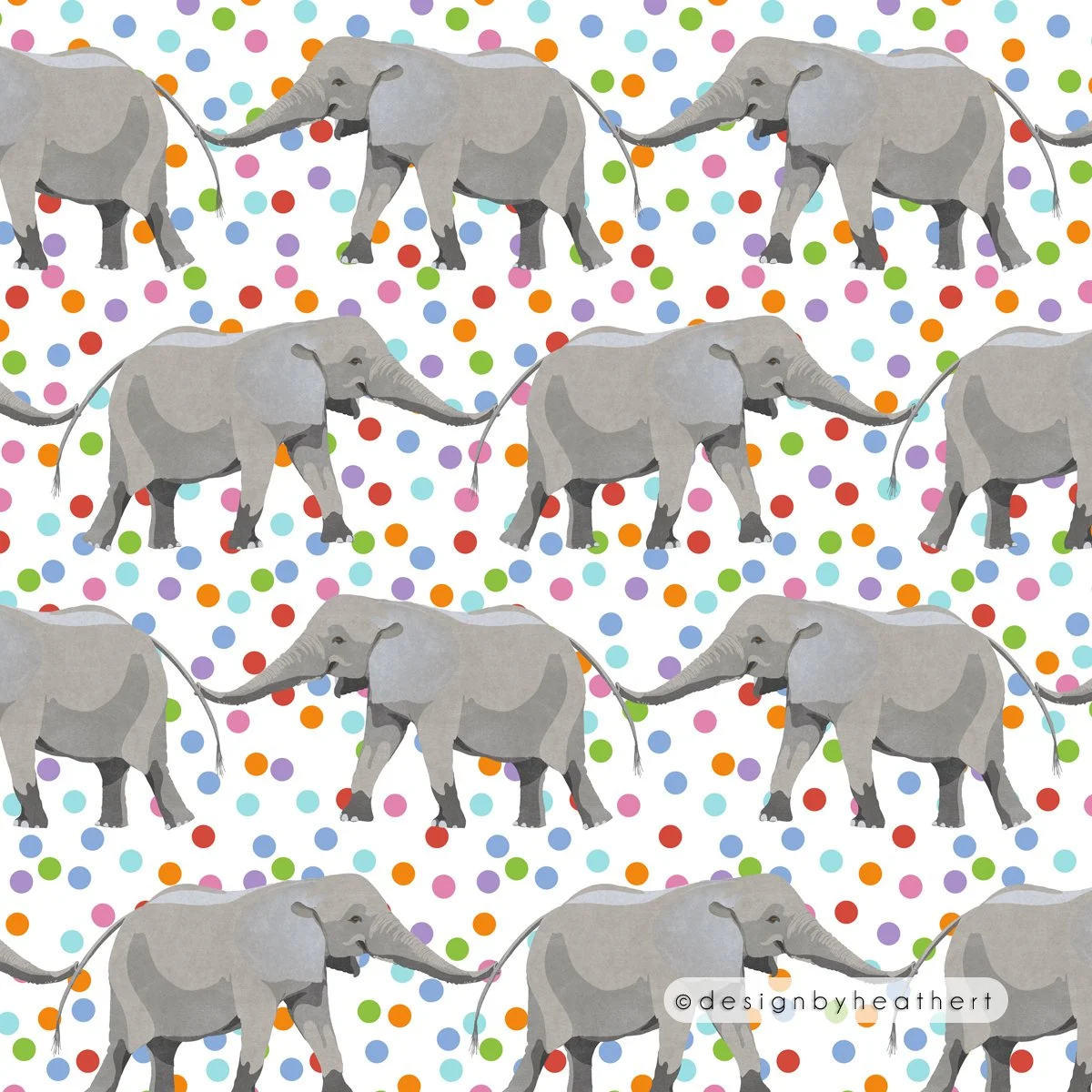 Elephants trunk to tail marching across a polka dot background.