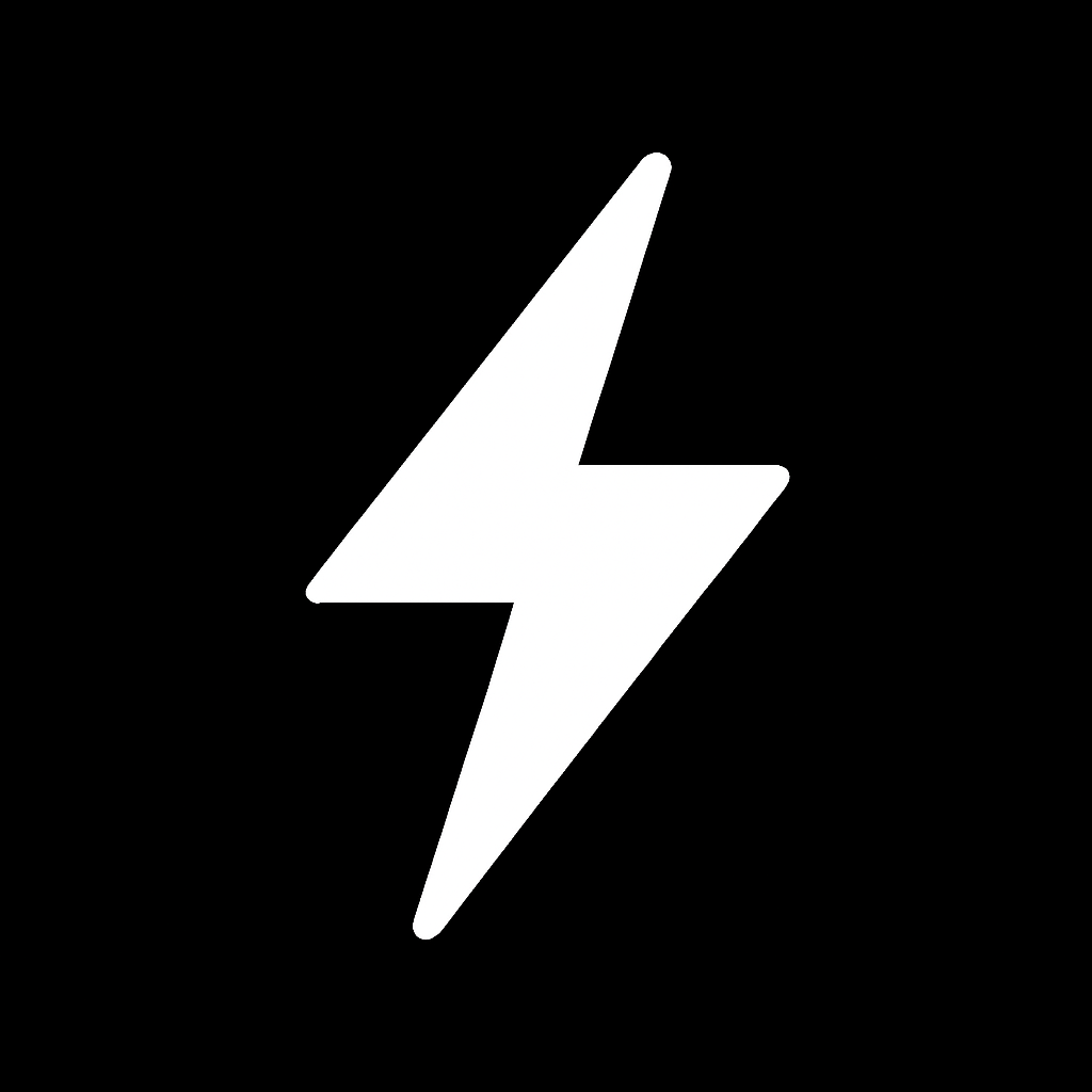 White lightning bolt symbol on a black background.