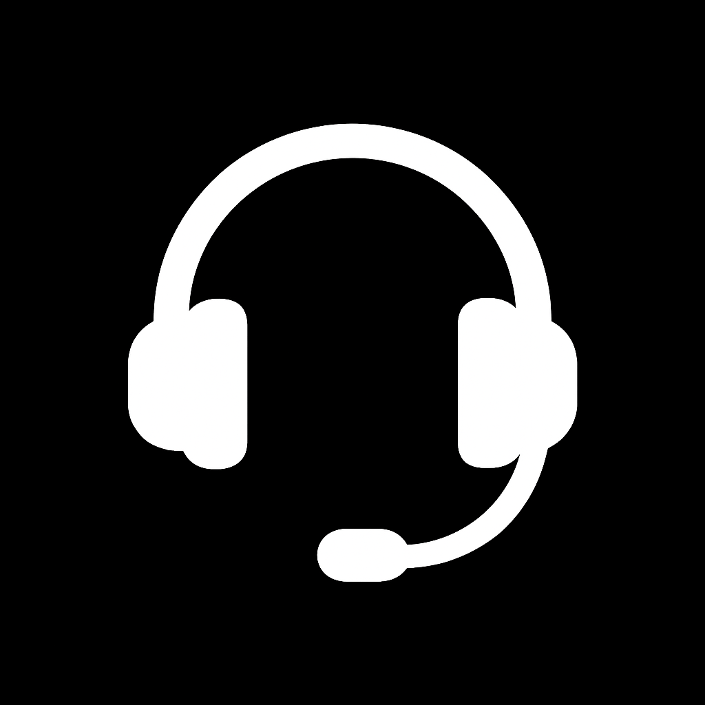 White headset with microphone icon on black background.