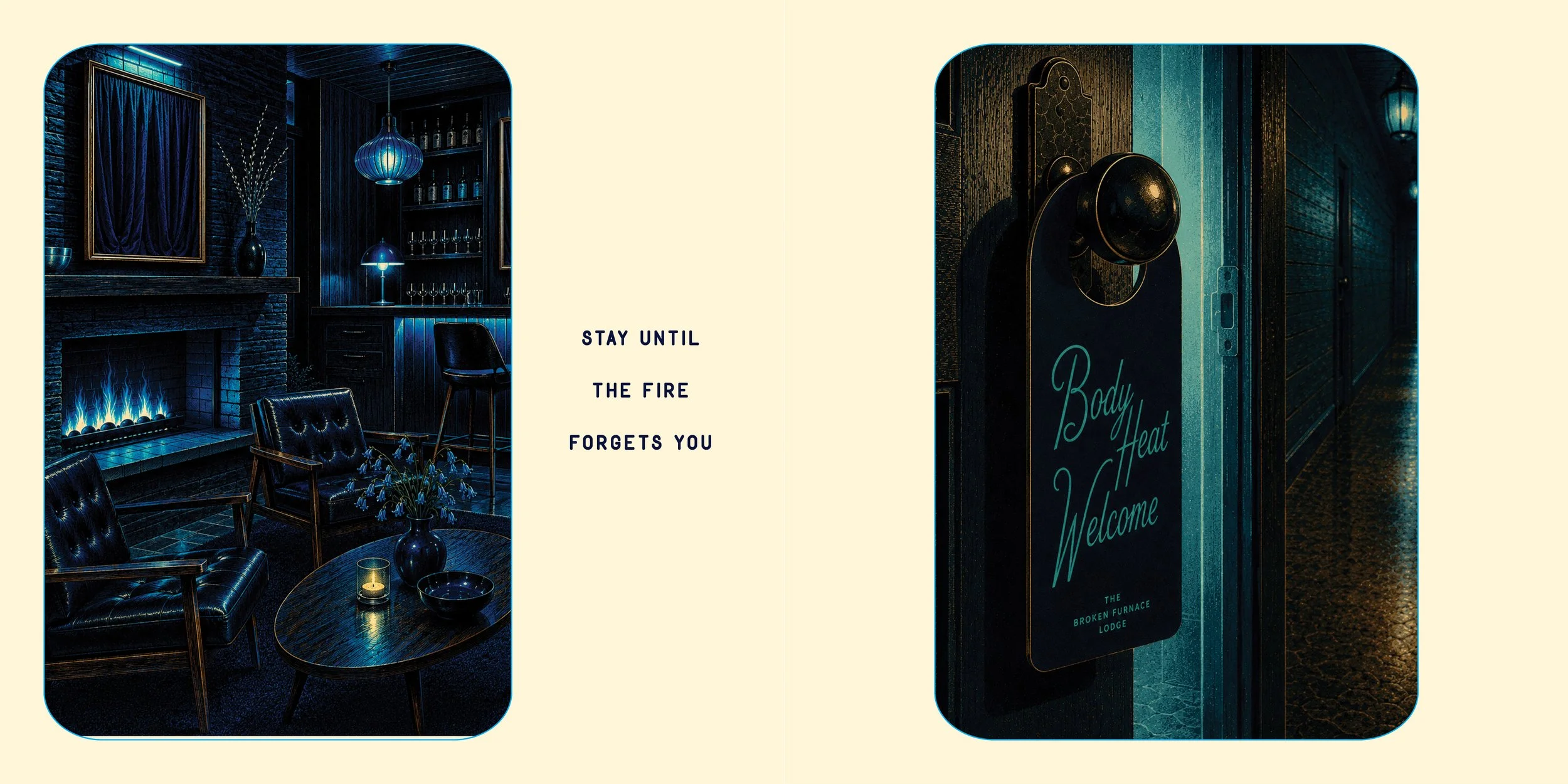 A split image with the left showing a cozy living room with a fireplace, black leather chairs, a small coffee table with candles, and blue lighting; the right showing a hotel door with a sign that reads "Body Heat Welcome" in teal cursive, and the hallway with wooden walls and dim lighting. Text in the middle reads "Stay until the fire forgets you."
