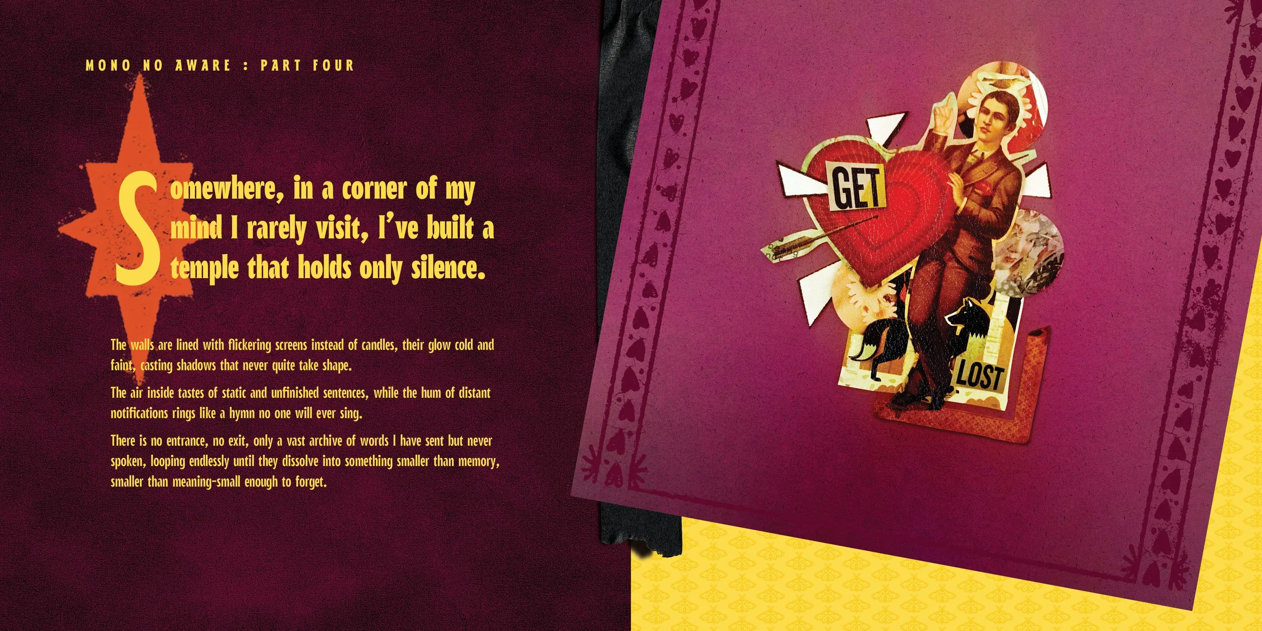 A collage featuring a woman dressed in vintage clothing holding a large heart with an arrow through it, with the words "GET LOST" at her feet. The background has patterned borders with hearts and yellow patterned paper.