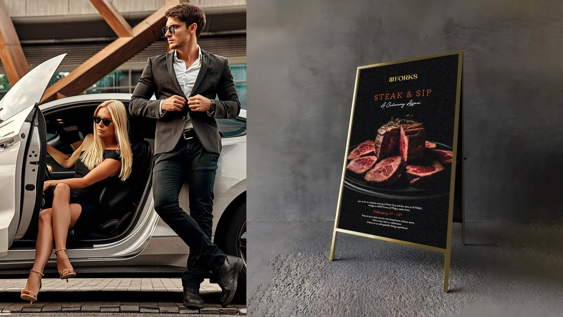 A fashionable man in a black suit and sunglasses stands next to a woman in a black dress and sunglasses sitting in a luxury car with the car door open, and a signboard promoting a steak and sip event with an image of raw beef on a dark background.