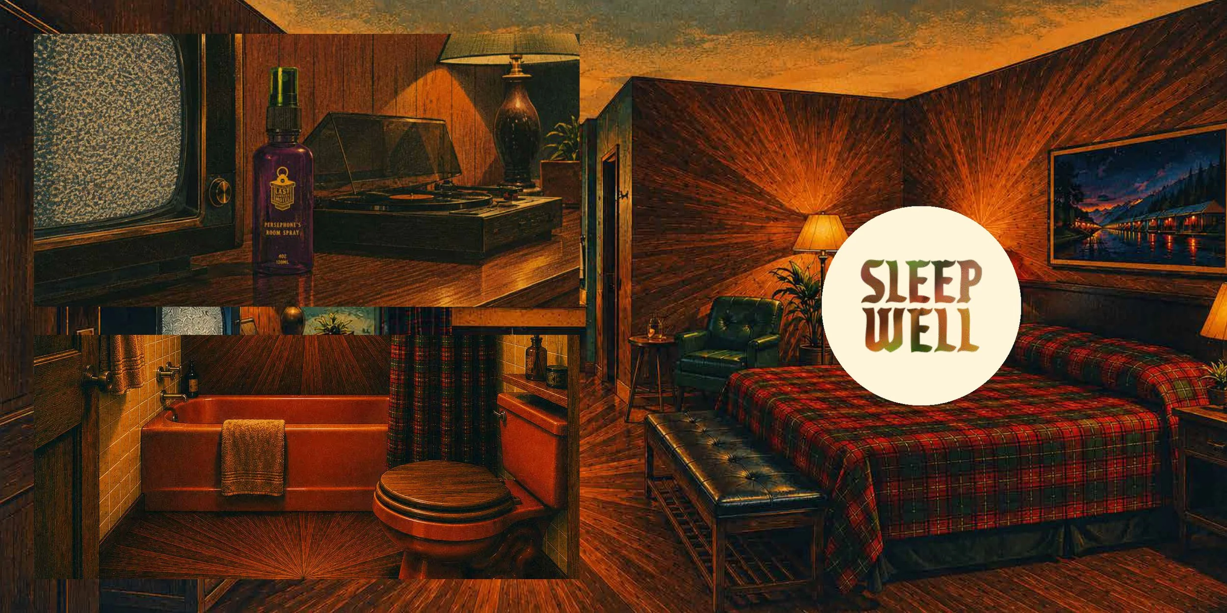 Cozy vintage bedroom with plaid bedding, wooden walls, a green armchair, nightstand with lamp, large wall painting of a mountain scene, and a round sign that reads "Sleep Well".