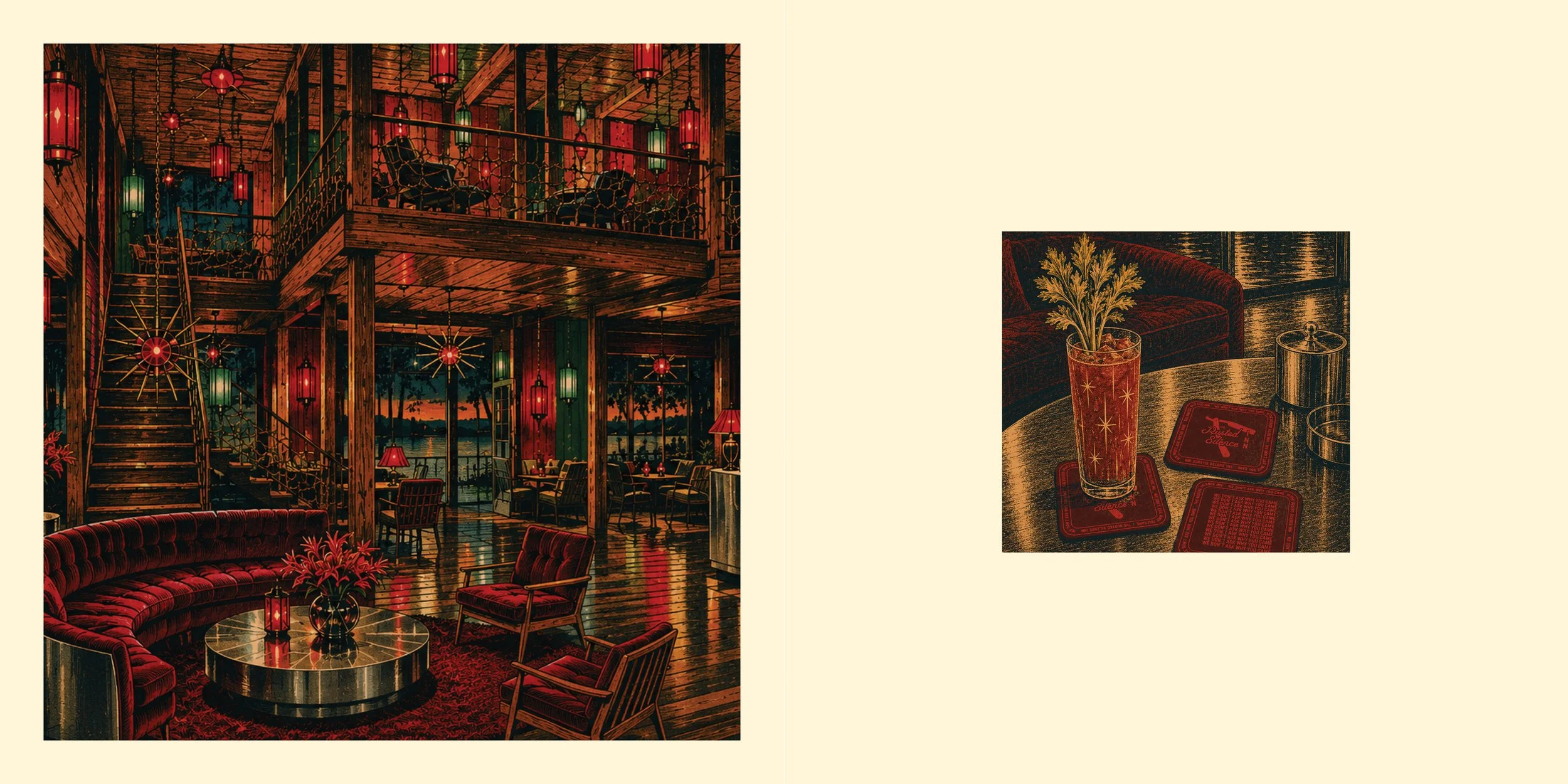Interior of a cozy wooden restaurant or lounge with red and green lanterns, vintage furniture, and a view of sunset through large windows.