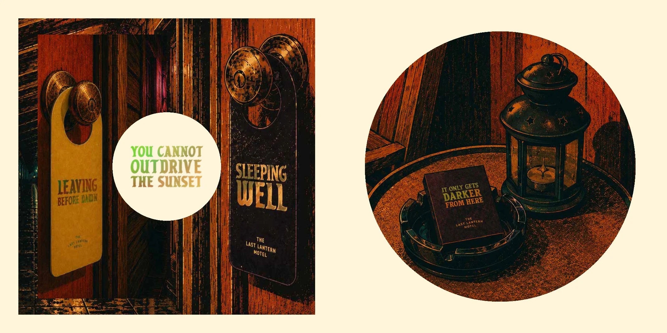 Decorative image with vintage-style signs and objects, including a sign that says "You cannot outdrive the sunset," a lamp, and a sign that reads "It only gets darker from here" on a tray.