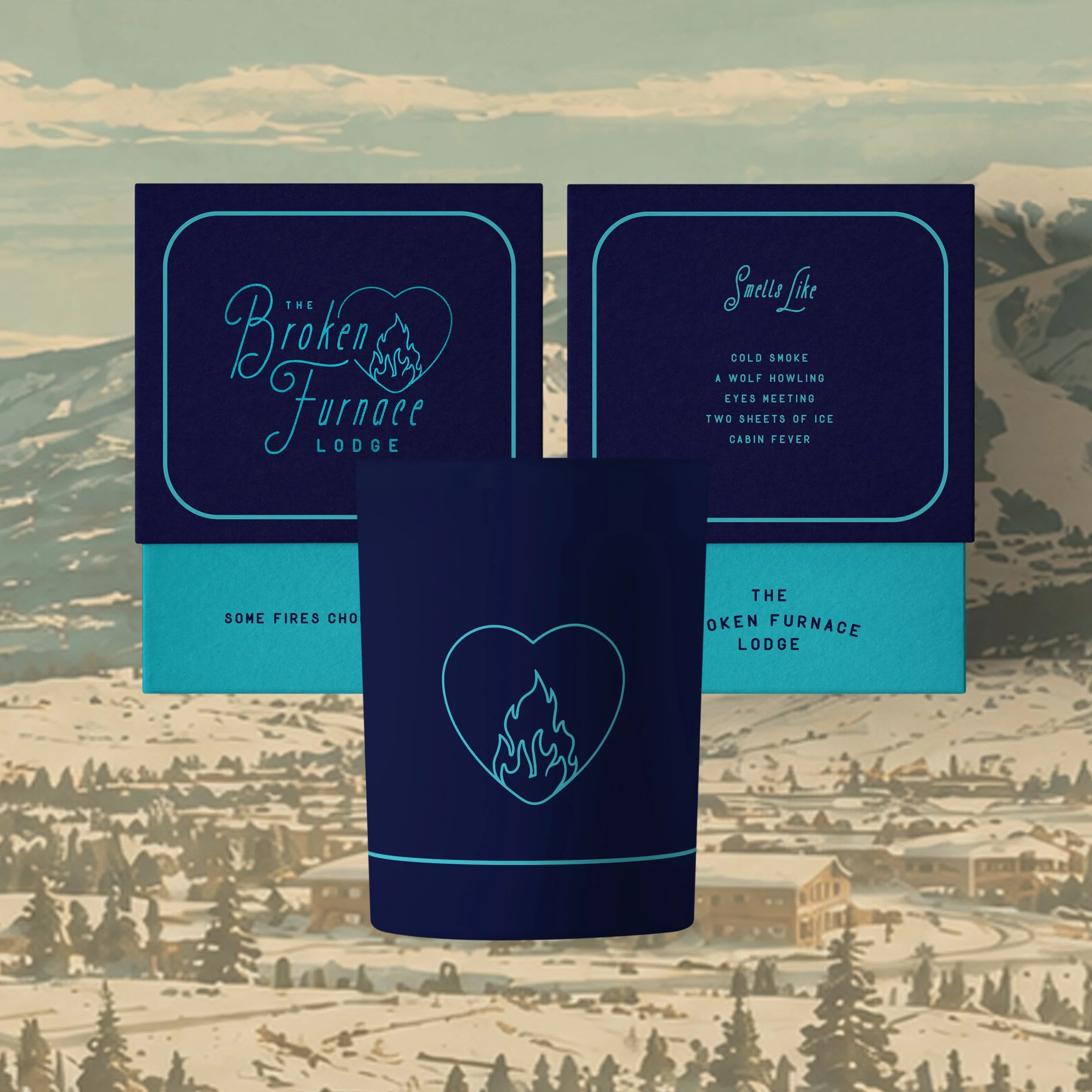 Blue promotional card for The Broken Furnace Furnace Lodge with a flame logo and a list of features including cold smoke, wolf howling, eyes meeting, two sheets of ice, and cabin fever. The background shows a snowy landscape with buildings and trees.