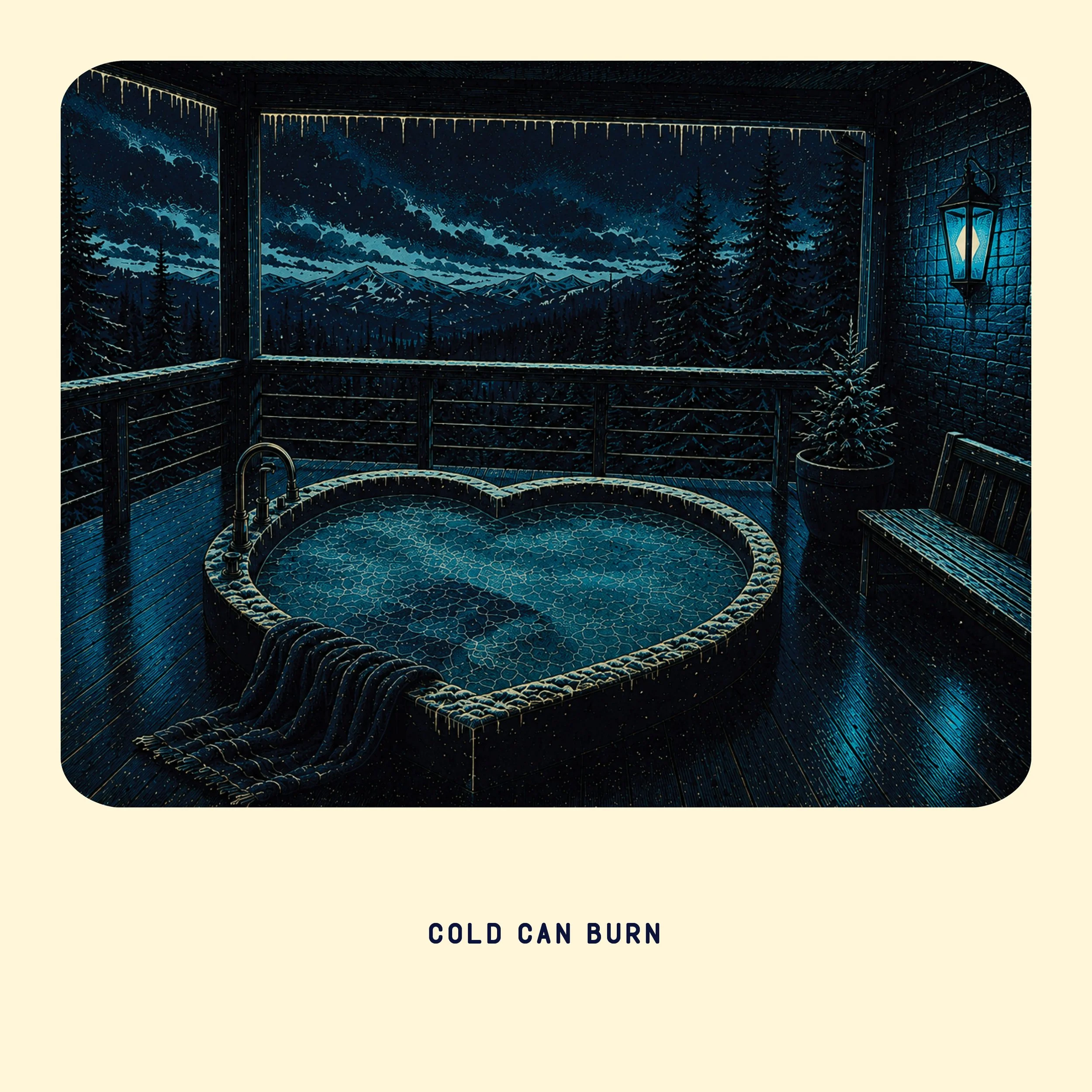 Illustration of a mountain landscape with stars and clouds, viewed from a hut porch with pine trees and a lantern, with text "Cold Can Burn" at the bottom.