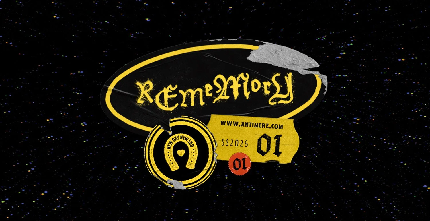 A ticket with a black background with colorful specks, featuring yellow, black, gray, and red elements, displaying the word 'Remestery' and website www.antimere.com