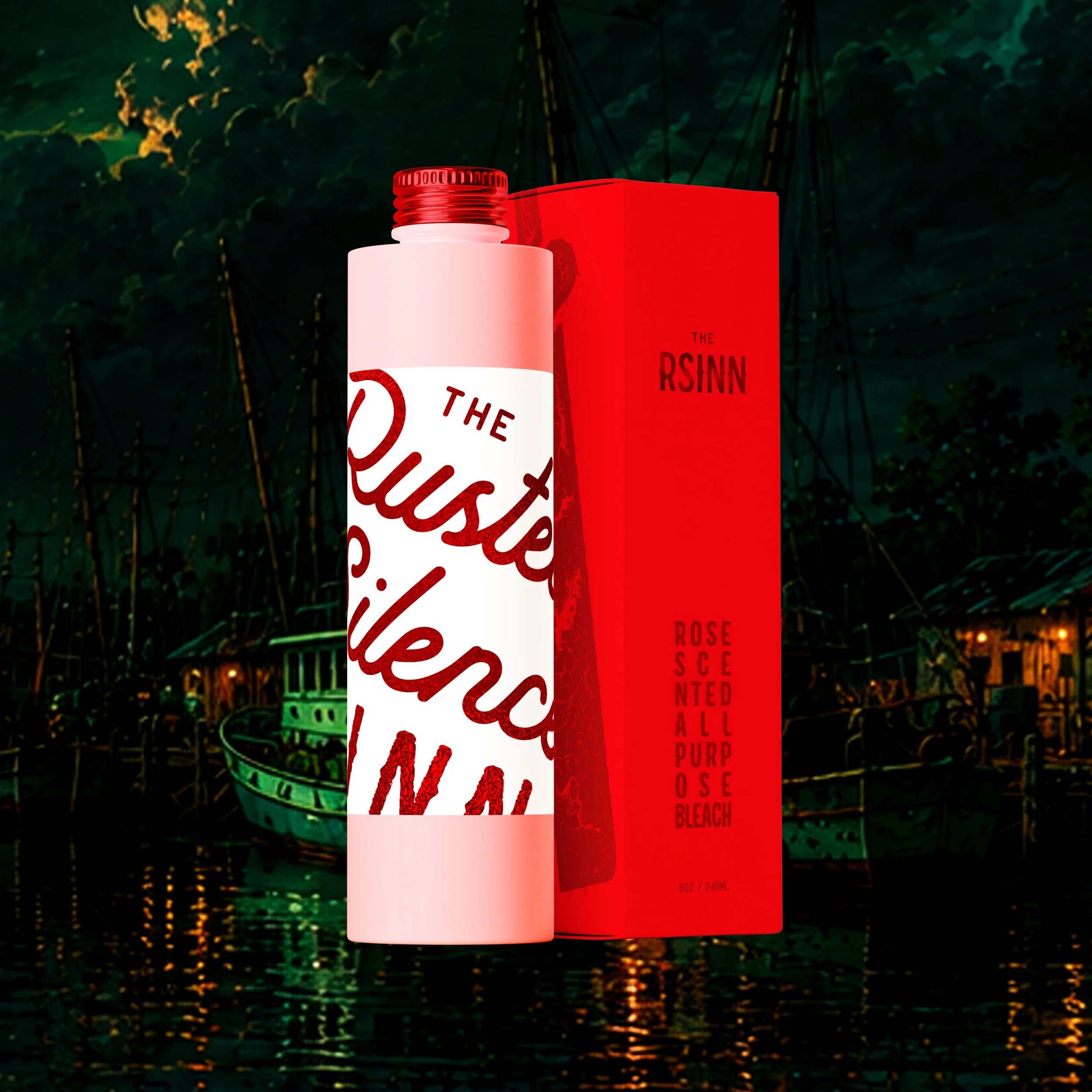 A white bottle and red box labeled 'The Rosin' with a dark background of a bridge and waterfront at night.