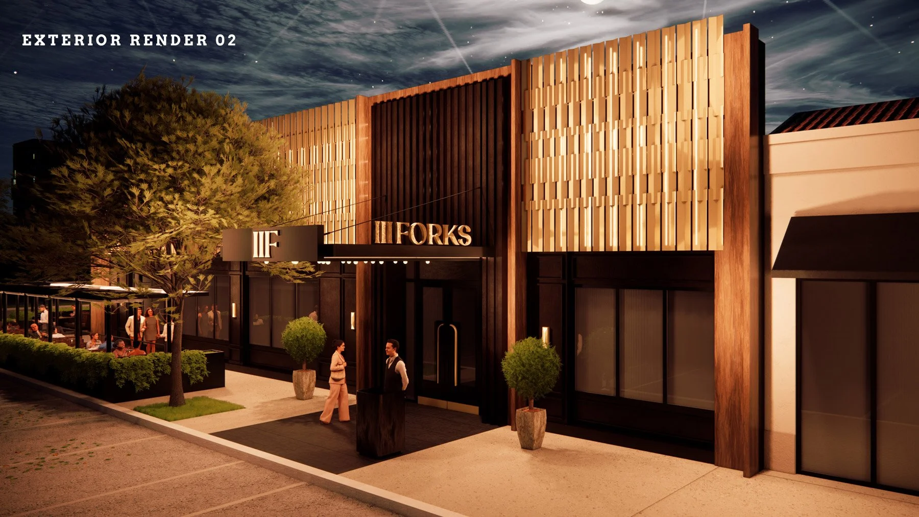 Nighttime exterior rendering of a modern restaurant with wooden and black facade, illuminated signs, people entering and dining outside, trees, potted plants, and a textured sky.