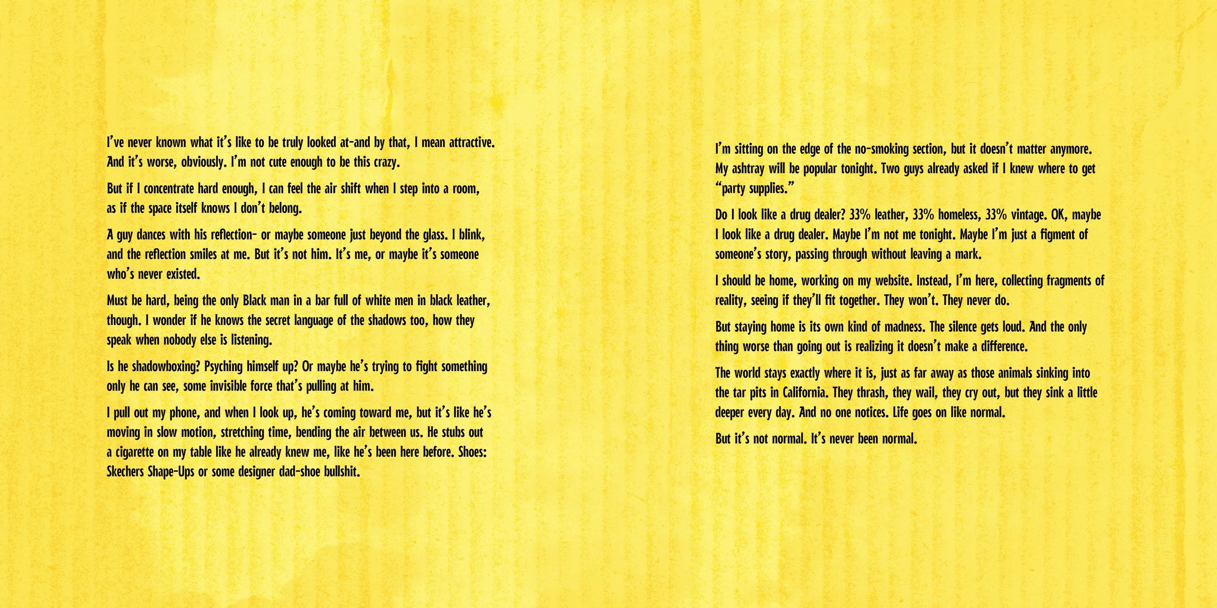 A yellow textured background with black text, resembling a page from a journal or a personal essay, discussing feelings of alienation, identity, and the world’s reality.