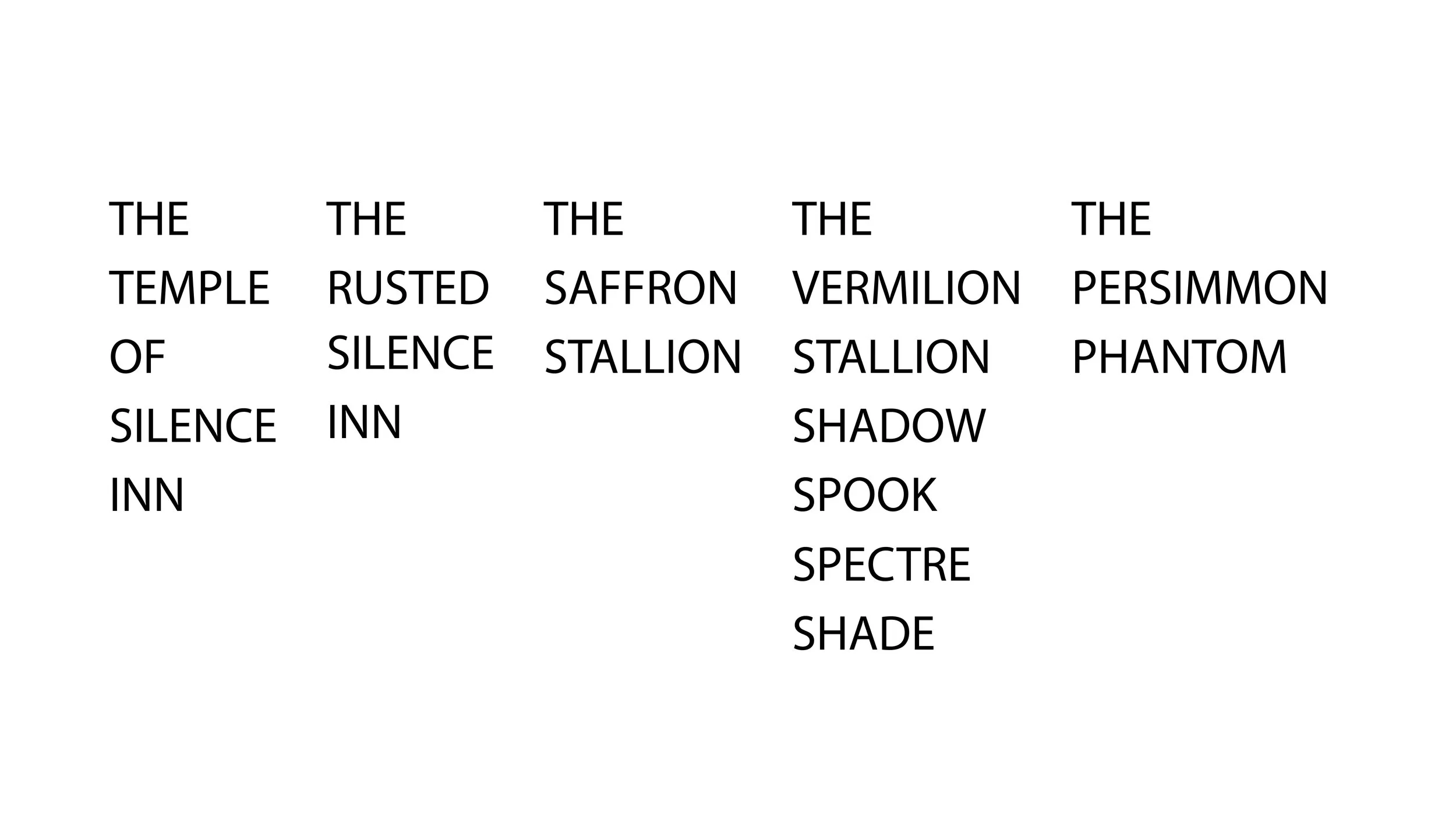 Text listing various types of silence, shadows, and spectral shades, with words like temple, rusted, saffron, vermilion, persimmon, phantom, spook.