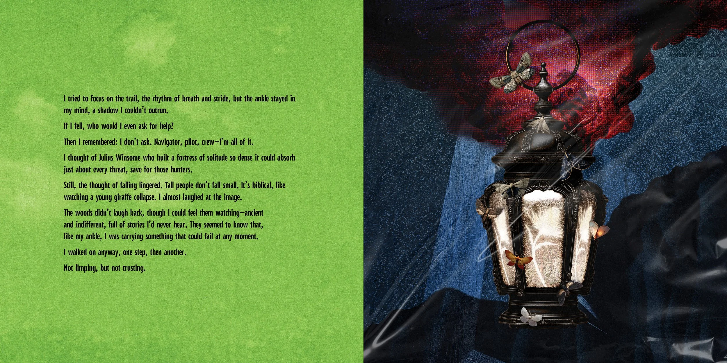 A digital artwork of an ornate street lamp surrounded by butterflies against a cosmic background with storm clouds and starry sky, with a green text block on the left containing a poetic narrative.