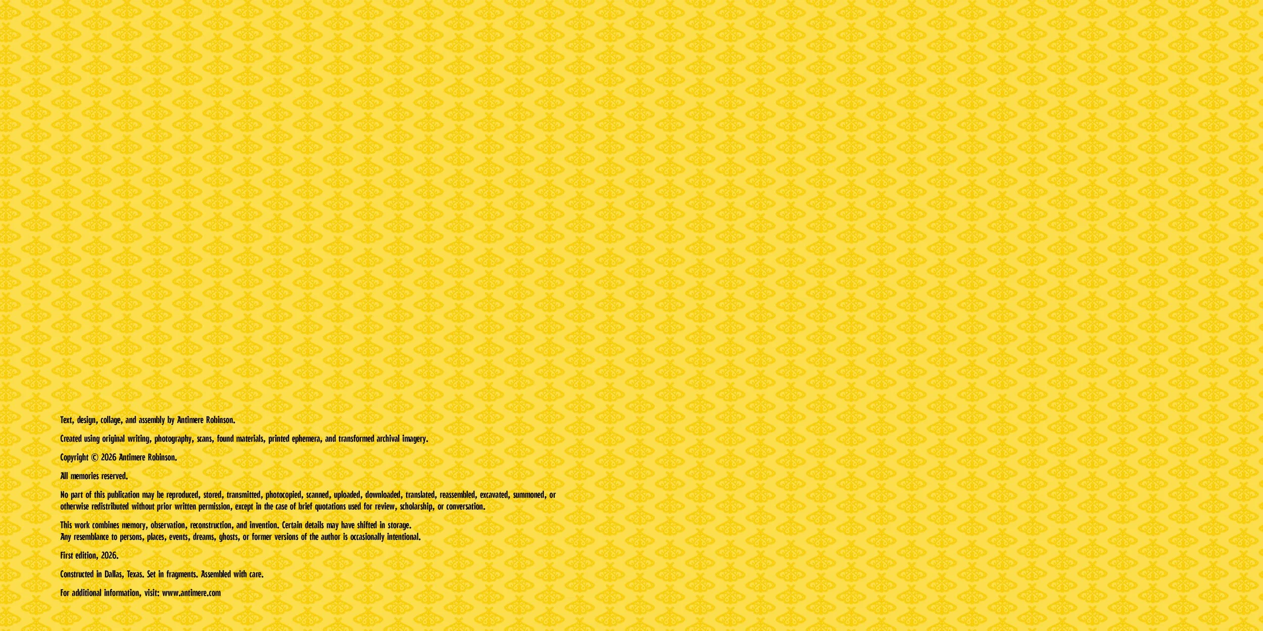 Back cover of a book with a yellow patterned background and small black text in the bottom left corner.